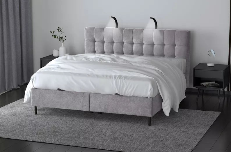 NUNA Kontinentālā gulta 140/160/180x200 cm ar matraci, glabātuvi un LED apgaismojumu, gaiši pelēks samts - N1 Home