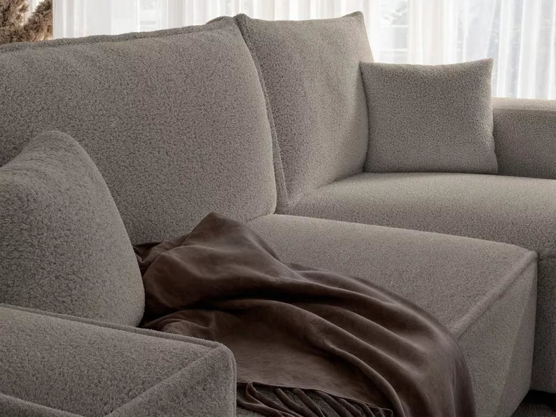 CARLO L-veida stūra dīvāns ar gulēšanas funkciju, ar konteineri, universāls, gaiši brūns bukle - N1 Home