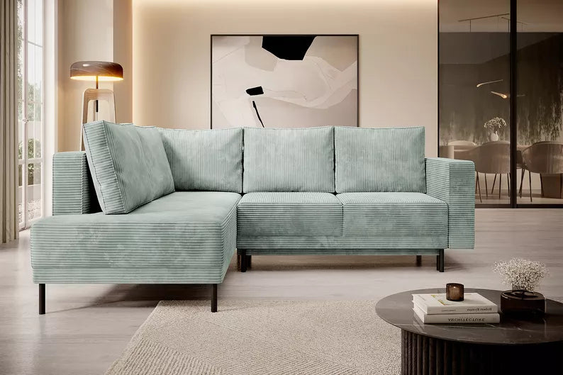 RIO Stūra dīvāns ar gulēšanas funkciju, ar konteineru, gaiši pelēks velvets, kreisa/laba puse - N1 Home