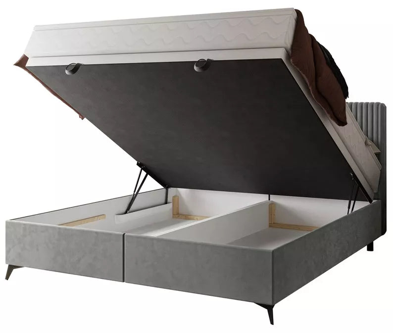 WOFAL Kontinentālā gulta 140/160/180x200 cm ar matraci un glabātuvi, gaiši pelēka bieza velveta - N1 Home