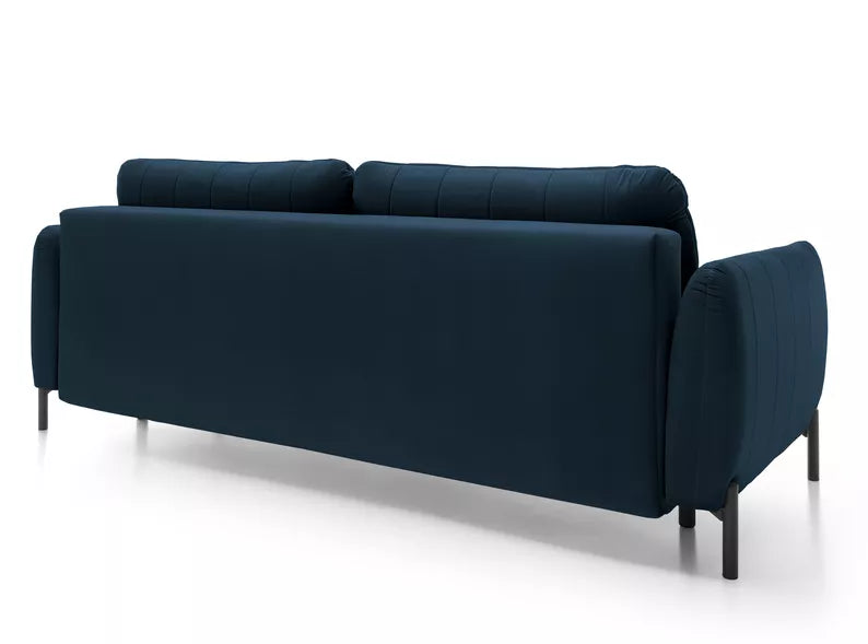 LEVA Tumši zils trīsvietīgs dīvāns ar konteineru, no hidrofobiskā velūra auduma, melnām kājām - N1 Home