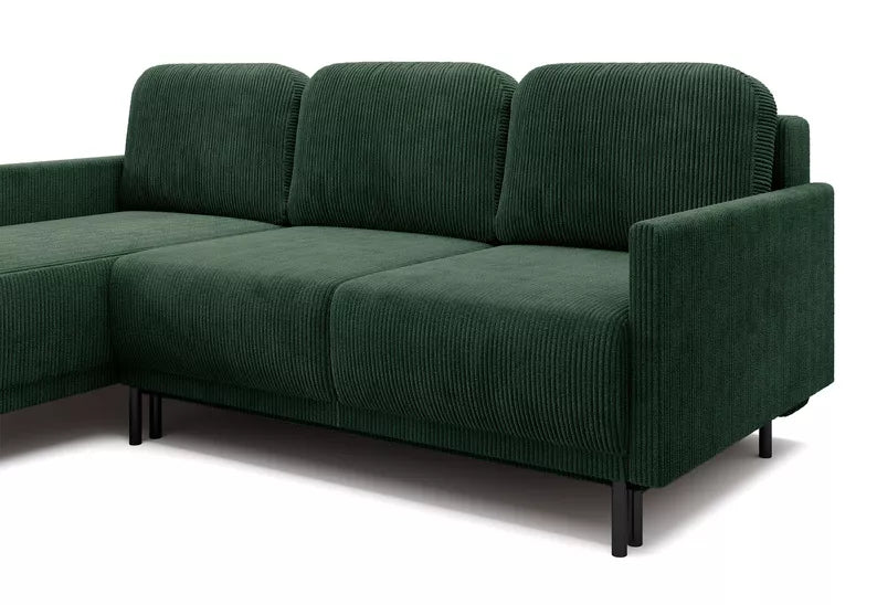 NOMIEL L-formas izvelkamais stūra dīvāns ar konteineru, universāls tumši zaļš velvets - N1 Home
