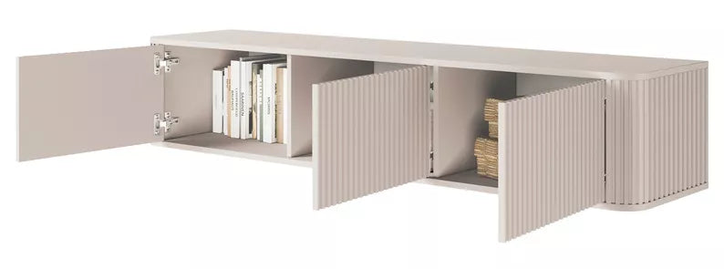 LOVORE Piekarināmais TV skapis ar rievām, trīsdurvju, 163 cm, pelēki bēšs - N1 Home