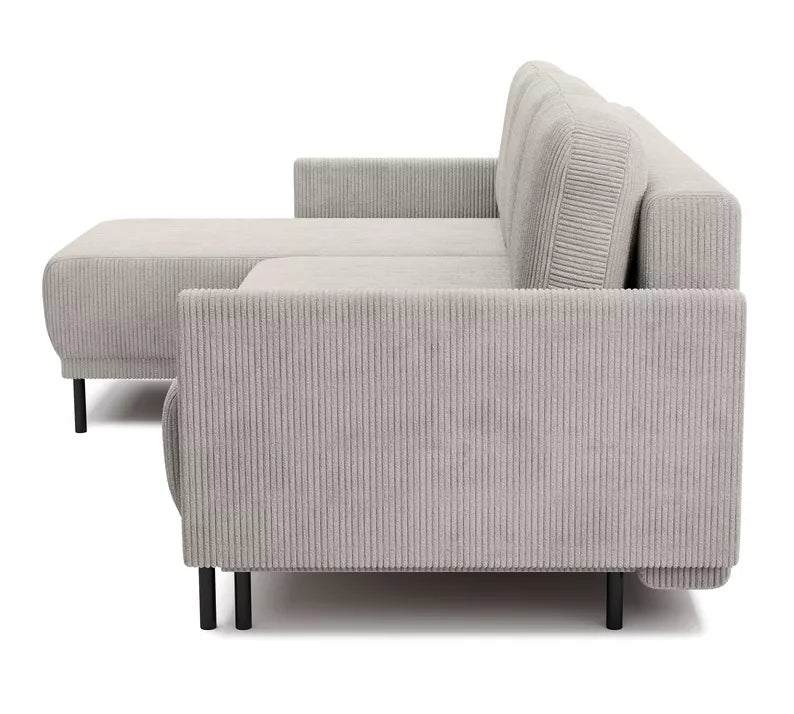 NOMIEL L-formas izvelkamais stūra dīvāns ar konteineru, universāls gaiši smilškrāsas velvets - N1 Home