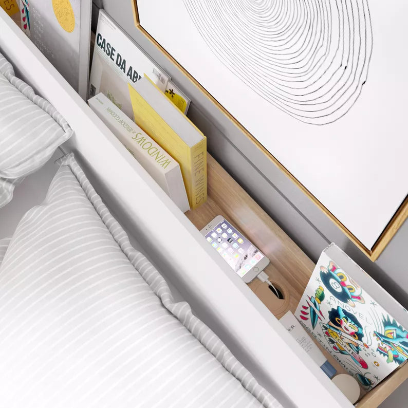 TRODEN Gulta ar konteineri un apgaismojumu 140/160/180x200 cm, balts/ozols - N1 Home