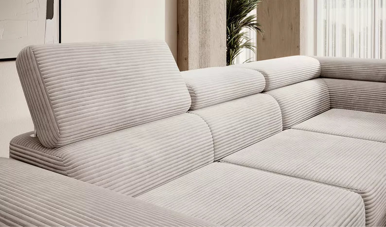 VILSTEV L-formas stūra dīvāns ar gulēšanas funkciju, ar konteineru, pelēks un bēšs velvets laba puse - N1 Home