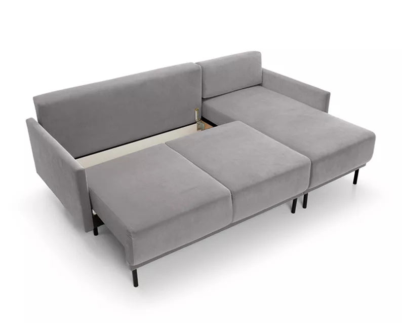 NOMIEL L-formas izvelkamais stūra dīvāns ar konteineru, pelēks hidrofoba audums - N1 Home