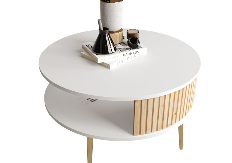 DIVIANO Apaļš kafijas galdiņš 76 cm, balts/artisan ozols ar zelta lameļu kājām - N1 Home