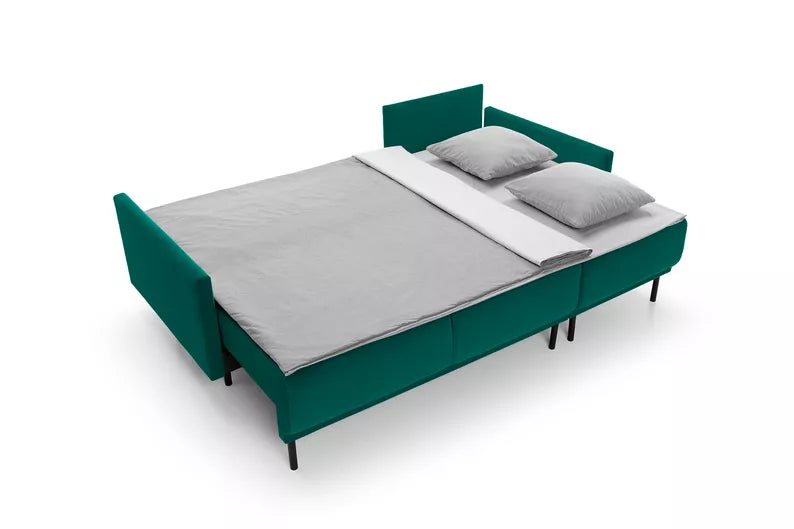 NOMIEL L-formas izvelkamais stūra dīvāns ar konteineru, universāls tirkīza hidrofobs samts - N1 Home