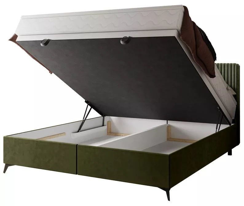 WOFAL Kontinentālā gulta 140/160/180x200 cm ar matraci un glabātuvi, olīvu biezs velvets - N1 Home
