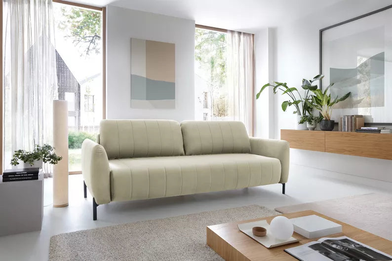 LEVA Krēmkrāsas trīsvietīgs dīvāns ar konteineru, no hidrofobiskā velūra auduma, melnām kājām - N1 Home