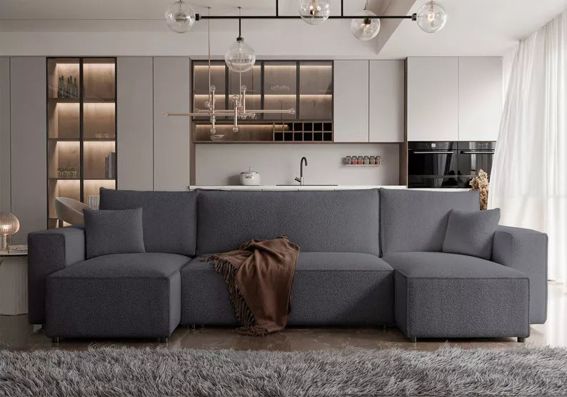 CARLO U-veida stūra dīvāns ar gulēšanas funkciju, ar konteineri, universāls, tumši pelēks bukle - N1 Home