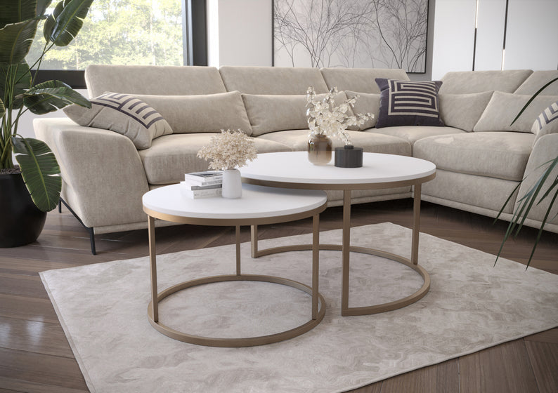 BELLO Divu kafijas galdiņu komplekts, apaļš, 80 un 60 cm, balts matēts ar zelta kājām - N1 Home