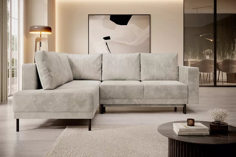 RIO Stūra dīvāns ar gulēšanas funkciju, ar konteineru, tumši smilškrāsas velveta, kreisa/laba puse - N1 Home