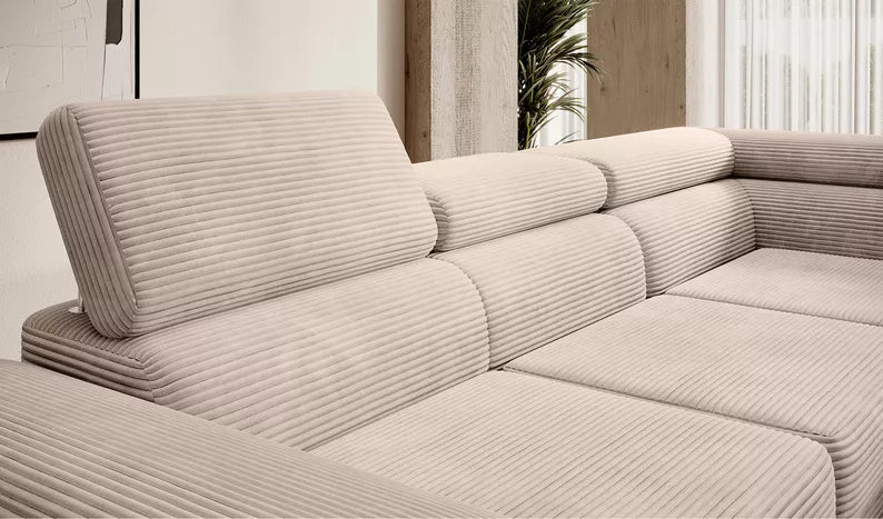 VILSTEV L-formas stūra dīvāns ar gulēšanas funkciju, ar konteineru, tumši bēšs velvets, laba puse - N1 Home