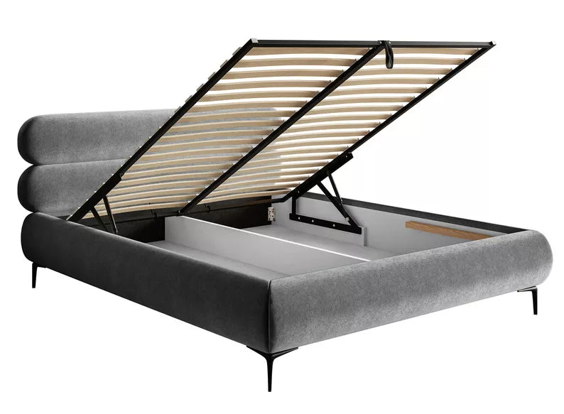 LOURE Mīkstā gulta 140/160/180x200 cm ar glabātuvi, metāla rāmis, pelēks hidrofobs samts, melnas kājas - N1 Home