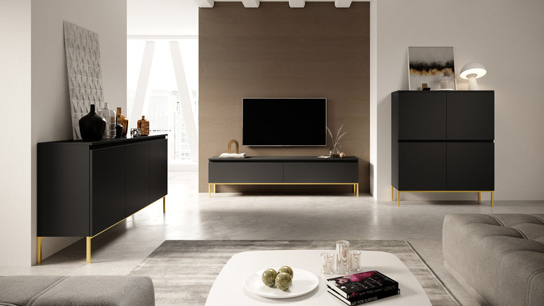 MEBBI TV skapis, 175 cm, melns ar zelta kājiņām - N1 Home