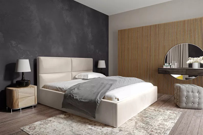 MAHEL Polsterēta gulta 140/160/180x200 cm ar glabātuvi, bēšs samts - N1 Home