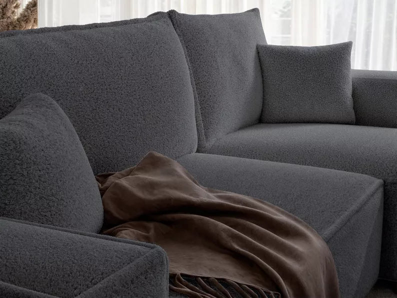 CARLO L-veida stūra dīvāns ar gulēšanas funkciju, ar konteineri, universāls, tumši pelēks bukle - N1 Home