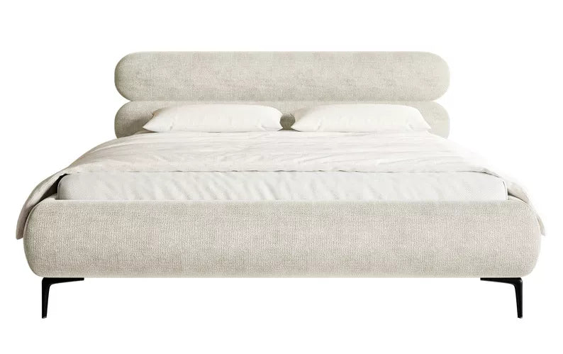 LOURE Mīkstā gulta 140/160/180x200 cm ar glabātuvi, metāla rāmis, pelēks un bēšs šenils, melnas kājas - N1 Home