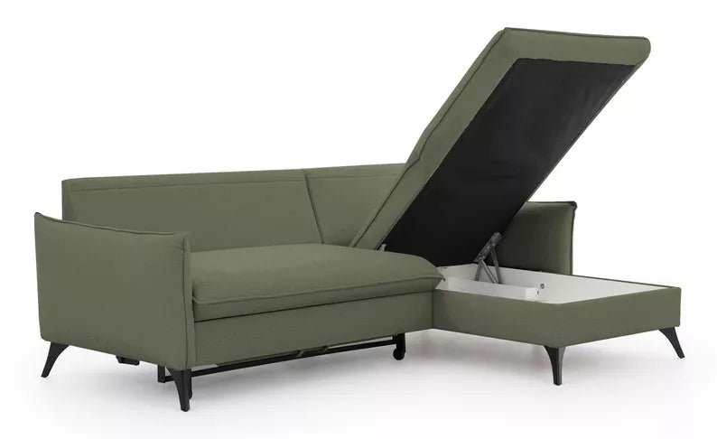 BIANOCA L-veida stūra dīvāns ar gulēšanas funkciju, ar konteineru, olīvzaļš hidrofobs samts, kreisa/laba puse - N1 Home