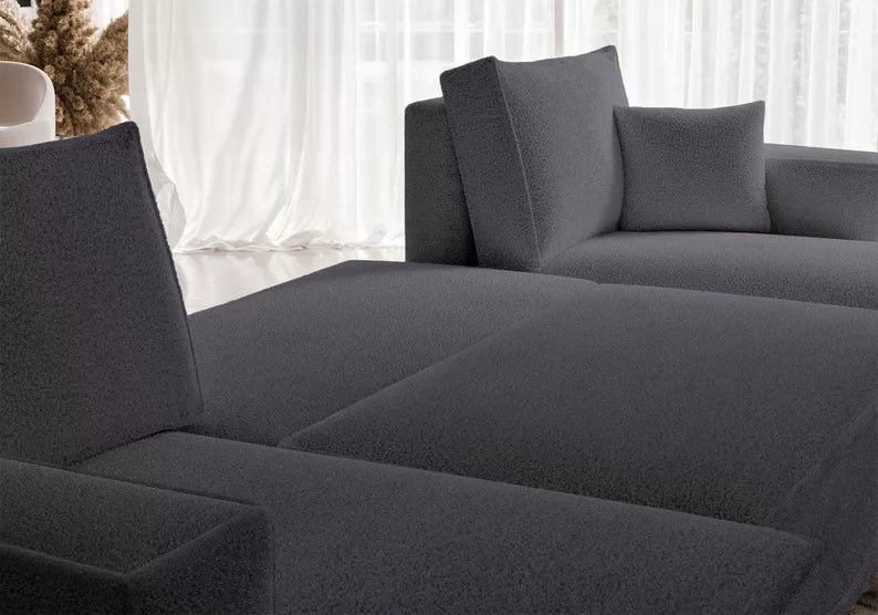 CARLO U-veida stūra dīvāns ar gulēšanas funkciju, ar konteineri, universāls, tumši pelēks bukle - N1 Home