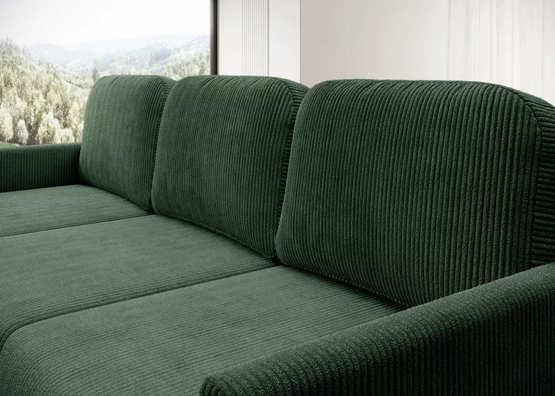 NOMIEL L-formas izvelkamais stūra dīvāns ar konteineru, universāls tumši zaļš velvets - N1 Home