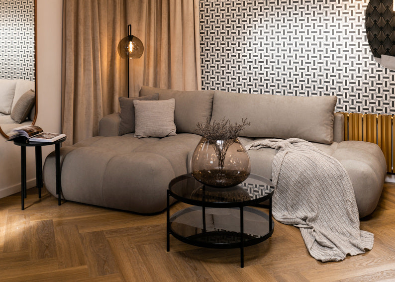 BOOM L-formas stūra dīvāns ar gulēšanas funkciju, ar konteineri, no viegli tīrāma pelēki bēša pīta auduma, kreisa/laba puse - N1 Home