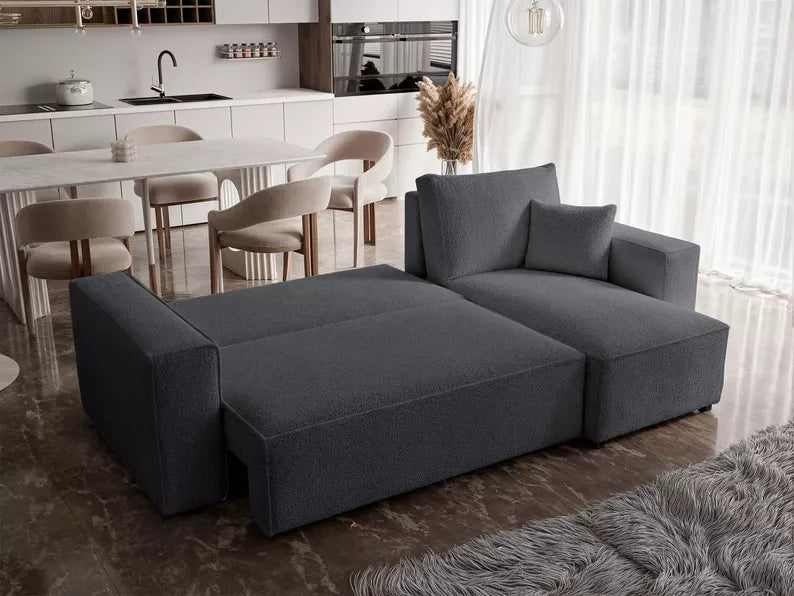 CARLO L-veida stūra dīvāns ar gulēšanas funkciju, ar konteineri, universāls, tumši pelēks bukle - N1 Home