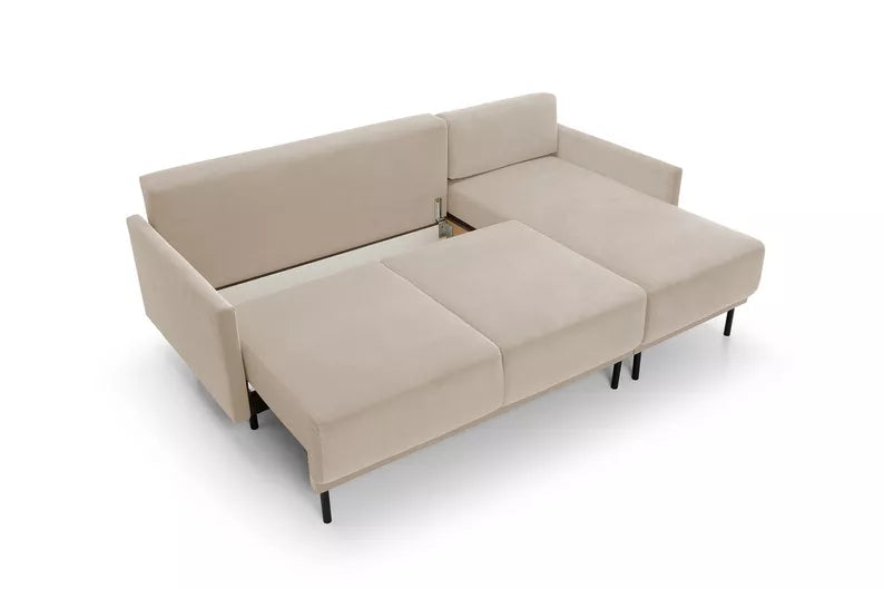 NOMIEL L-formas izvelkamais stūra dīvāns ar konteineru, universāls gaiši bēšs hidrofobs samts - N1 Home