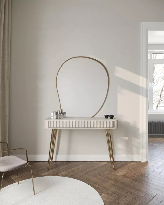 LOVORE Tualetes galdiņš ar rievām un divām atvilktnēm, 113 cm, pelēki bēšs ar zelta kājām - N1 Home