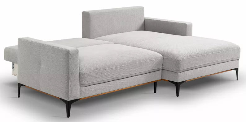 DASSINO L-formas stūra dīvāns ar gulēšanas funkciju ar glabātuvi, zili pelēks hidrofobs šenils, kreisa/laba puse - N1 Home