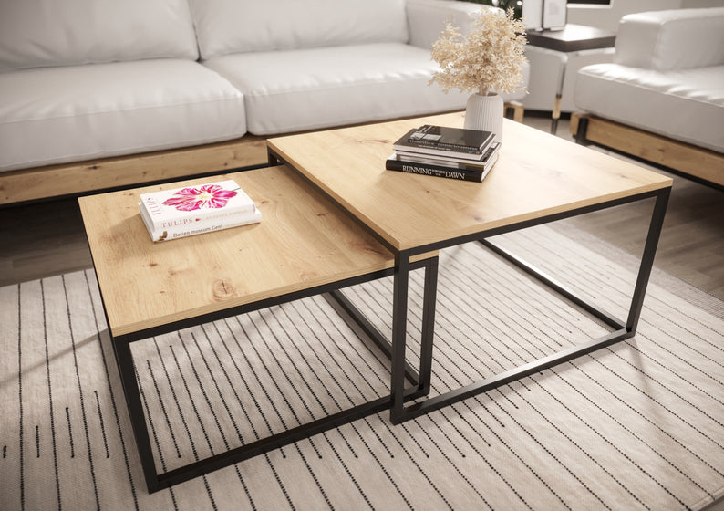 BELLO Divu kvadrātveida kafijas galdiņu komplekts, 70 cm un 60 cm, artisan ozols - N1 Home