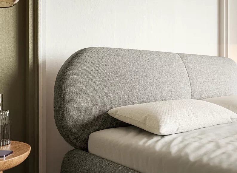 VALEO Polsterēta gulta 140/160/180x200 cm, pelēka hidrofoba bize, melnas kājas - N1 Home