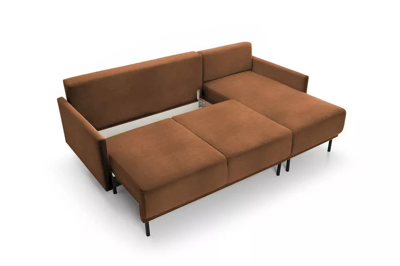 NOMIEL L-formas izvelkamais stūra dīvāns ar konteineru, vara hidrofoba audums - N1 Home