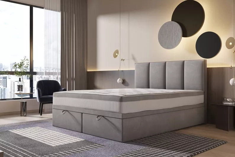 CATALEMER Kontinentālā gulta 140/160/180/200 x200 cm ar matraci un konteineriem, pelēks samts - N1 Home