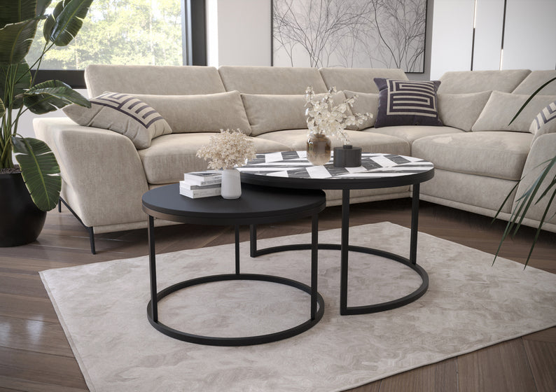 BELLO Divu kafijas galdiņu komplekts, apaļš, 80 un 60 cm, glamour/melns - N1 Home