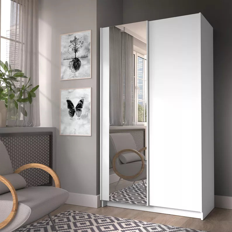 DIAFO Divdurvju bīdāmais skapis ar spoguli, 100 cm, balts - N1 Home