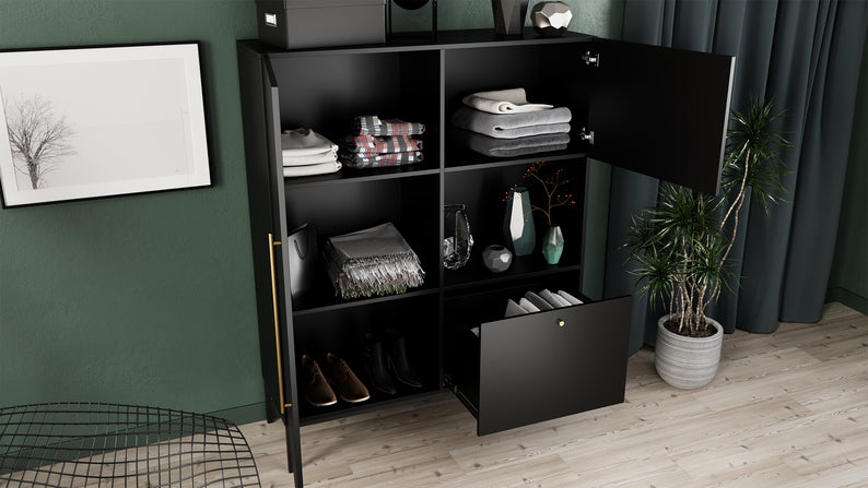 KAMAD Divu durvju vitrīnas skapis 120 cm ar atvilktni melns - N1 Home