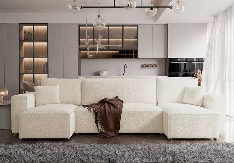 CARLO U-veida stūra dīvāns ar gulēšanas funkciju, ar konteineri, universāls, krēmkrāsas bukle - N1 Home