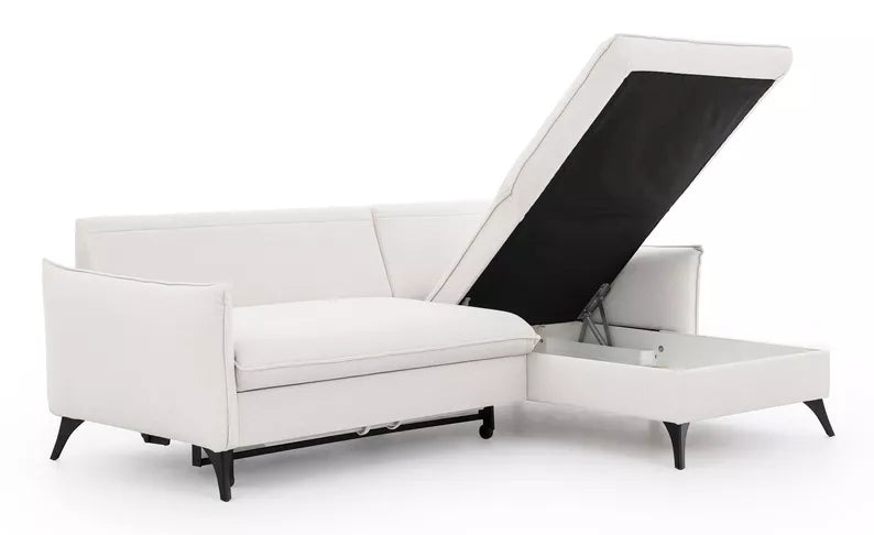 BIANOCA L-veida stūra dīvāns ar gulēšanas funkciju, ar konteineru, gaiši smilškrāsas, viegli tīrāms audums, kreisa/laba puse - N1 Home