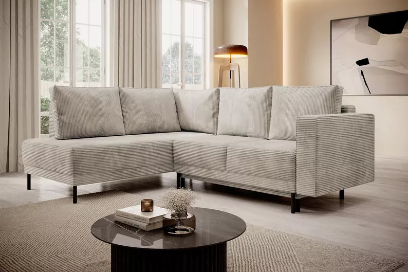 RIO Stūra dīvāns ar gulēšanas funkciju, ar konteineru, tumši smilškrāsas velveta, kreisa/laba puse - N1 Home