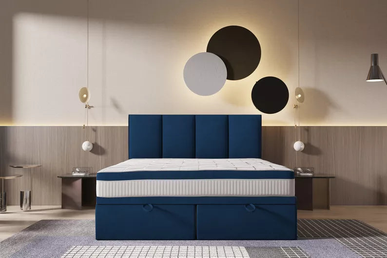 CATALEMER Kontinentālā gulta 140/160/180/200 x200 cm ar matraci un konteineriem, tumši zils samts - N1 Home