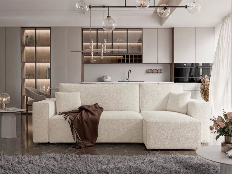 CARLO L-veida stūra dīvāns ar gulēšanas funkciju, ar konteineri, universāls, krēmkrāsas bukle - N1 Home