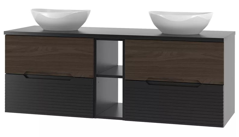 VELAV Vannas istabas komplekts ar izlietnēm uz galda un skapis 175 cm, rievotas fasādes, matēts melns / riekstkoks - N1 Home