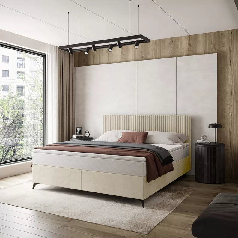 WOFAL Kontinentālā gulta 140/160/180x200 cm ar matraci un glabātuvi, gaiši bēšs, biezs velvets - N1 Home