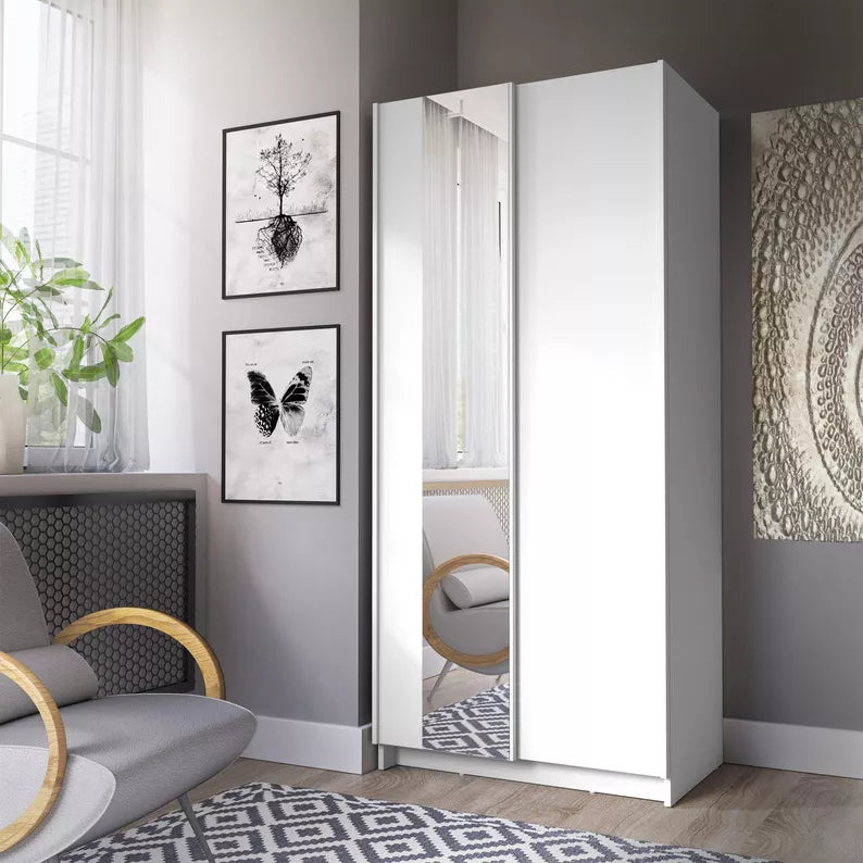 DIAFO Divdurvju bīdāmais skapis ar spoguli, 80 cm, balts - N1 Home