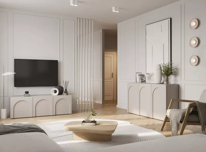 KADIA Trīsdurvju kumode ar frēzētām fasādēm, 150 cm, pelēks bēšs - N1 Home