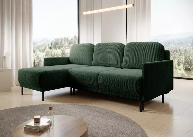 NOMIEL L-formas izvelkamais stūra dīvāns ar konteineru, universāls tumši zaļš velvets - N1 Home