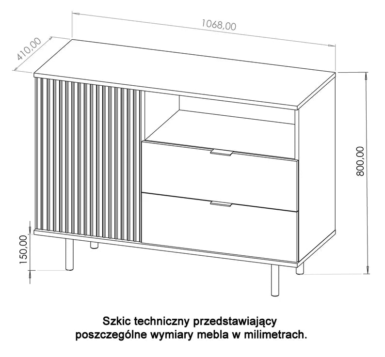BLAZKA Viendurvju kumode, 107 cm, ar divām atvilktnēm un plauktu, matēti melnas līstes - N1 Home